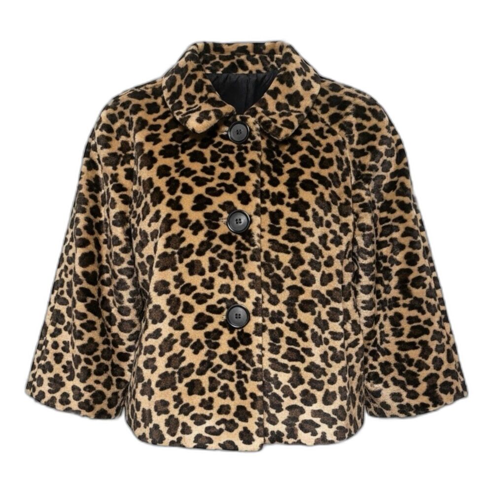 Emma James Faux Fur Leopard Jacket Size 12 Cropped Coat Button Front Lined Retro